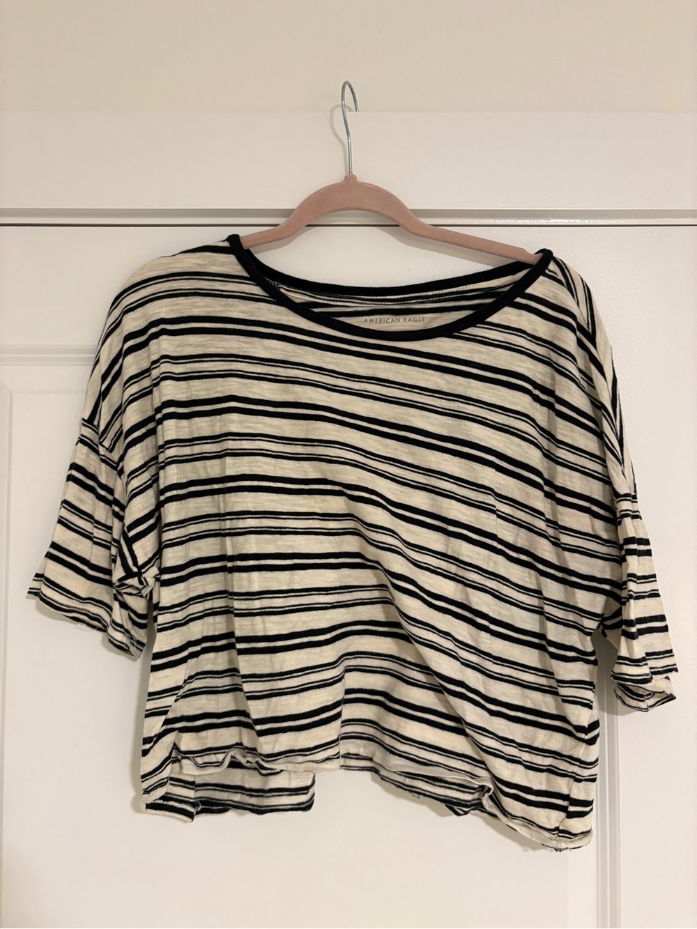 American Eagle Outfitters Cream and Black Striped Boxy Tee